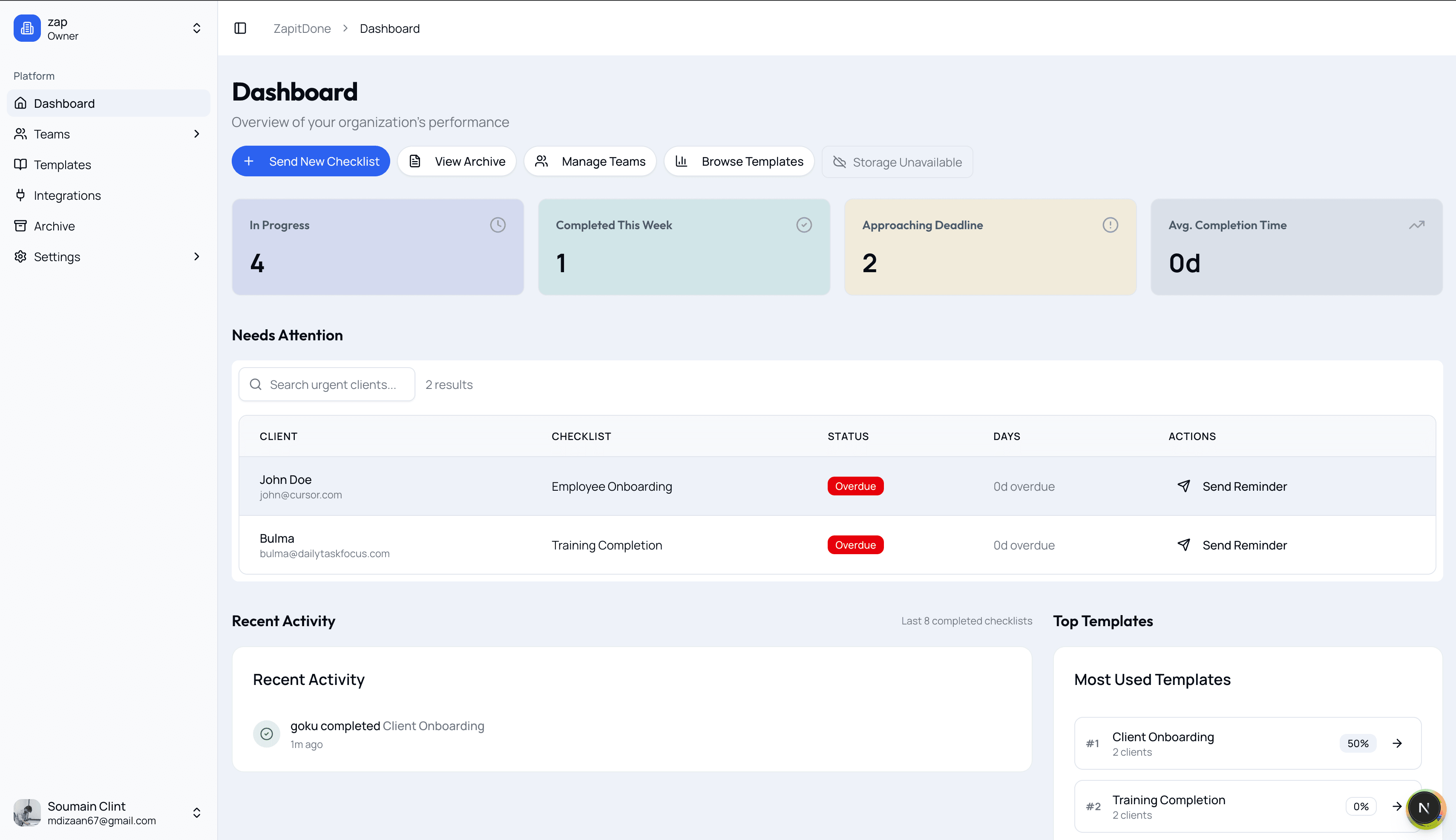 Zapitdone dashboard preview