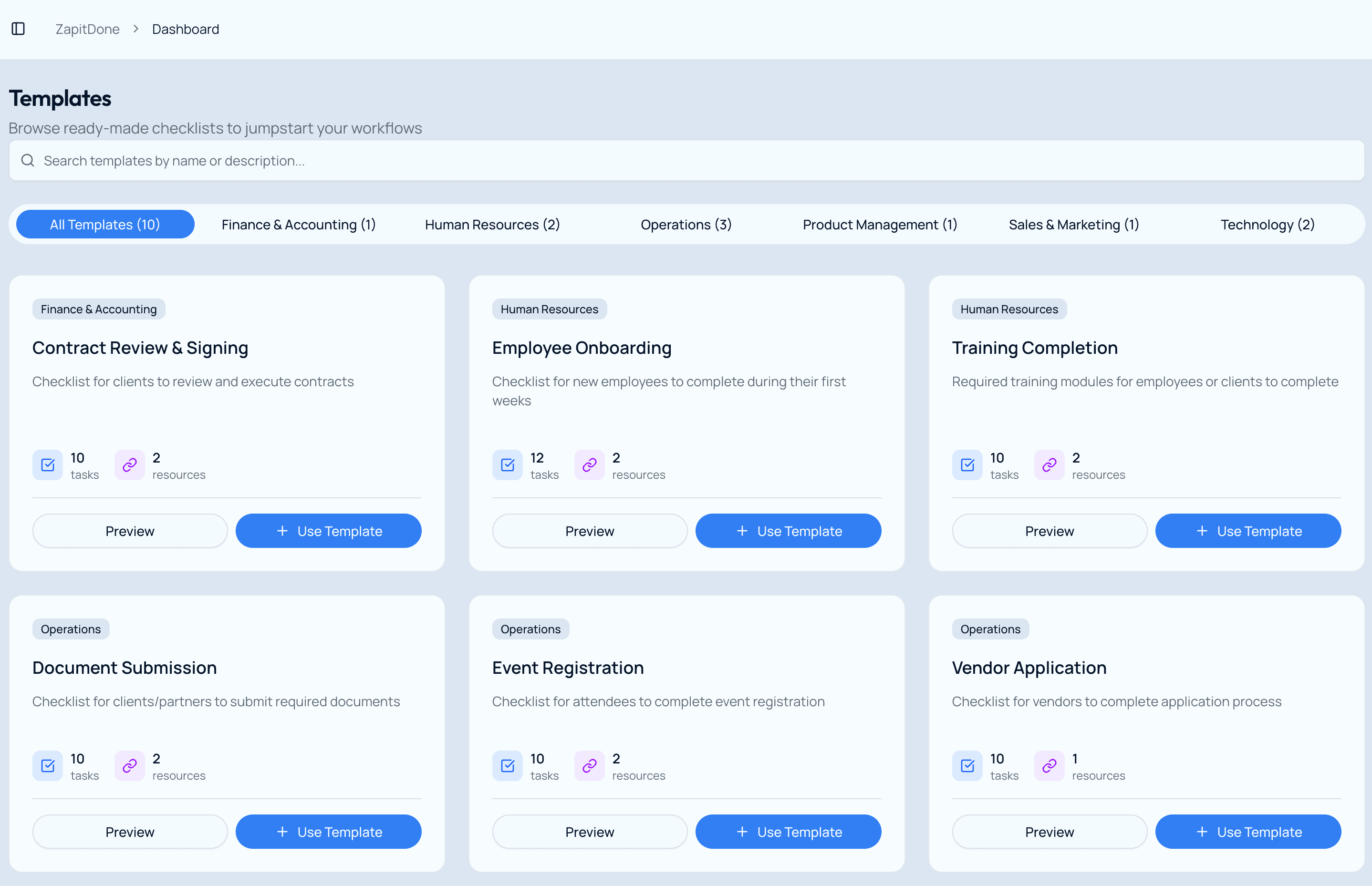 Template management interface